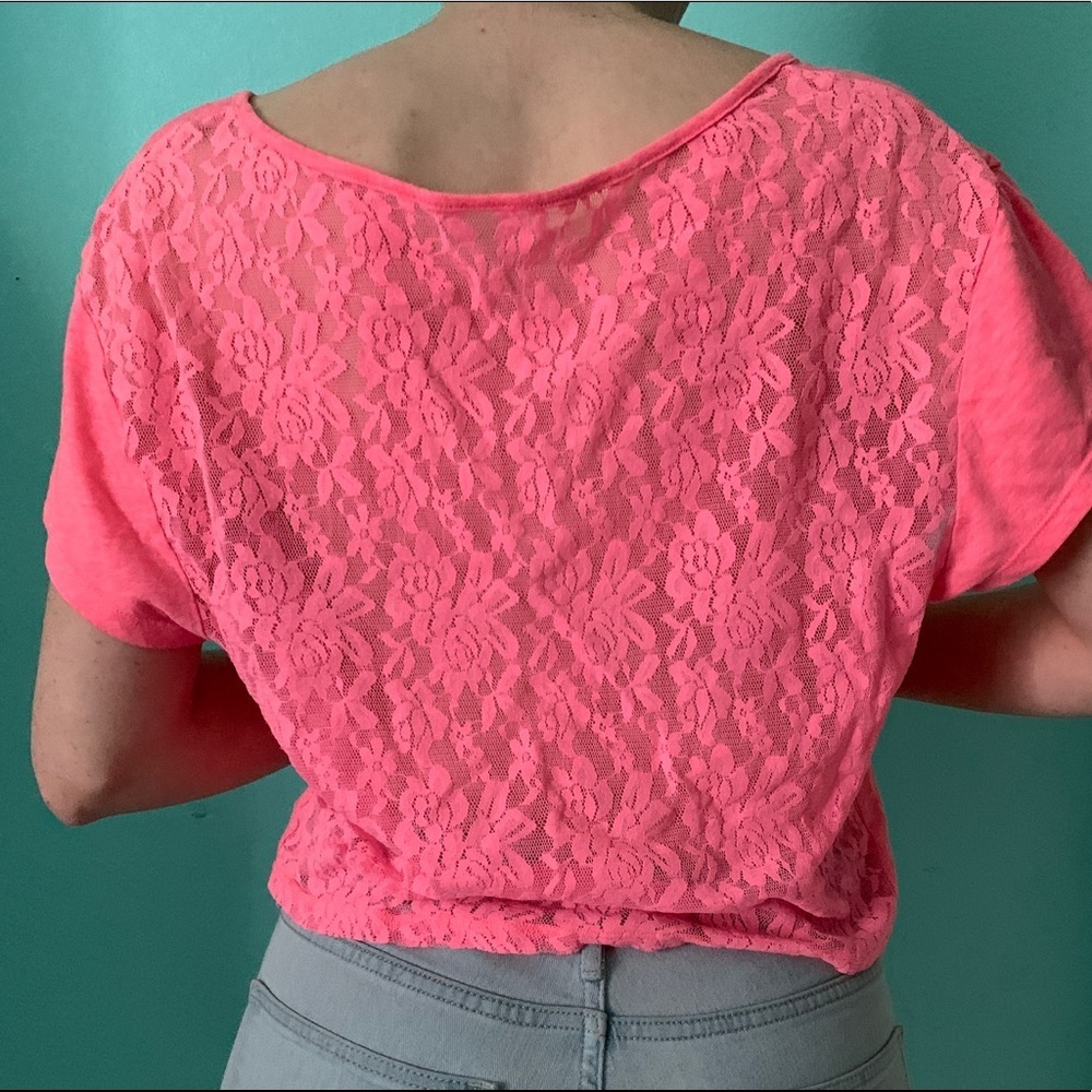 PINK — neon pink lace back shirt, tie in the front